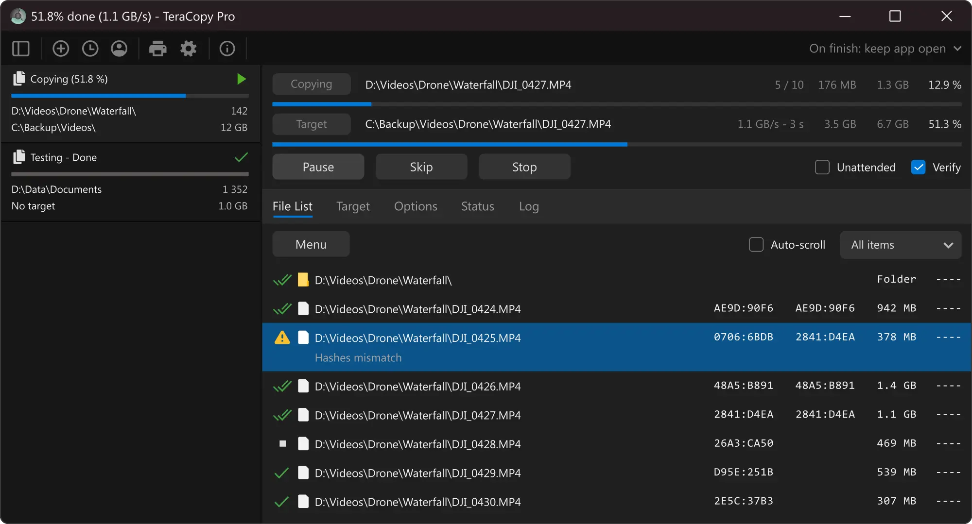 TeraCopy 檔案列表